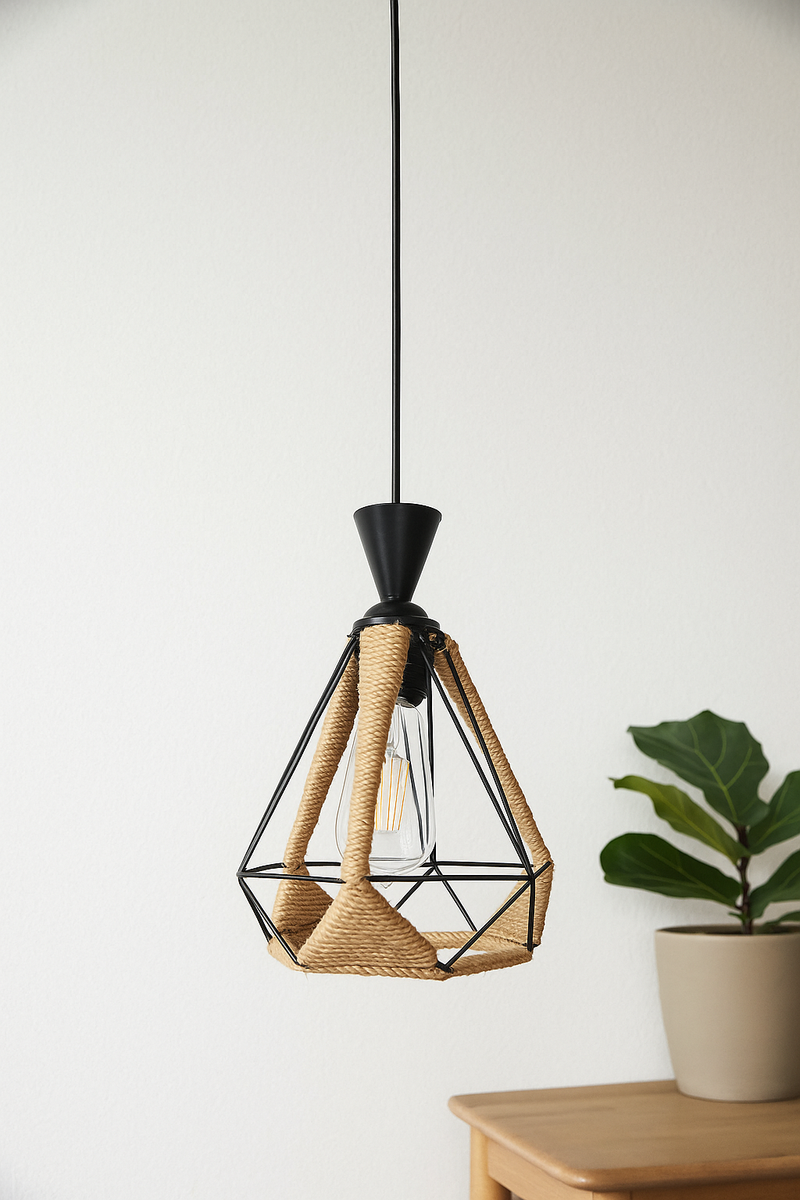 LÁMPARA DE TECHO COLGANTE DECORATIVA 1XE27-40W,110-240V, 50-60HZ, GRADO DE PROTECCION IP20, ACABADO NEGRO + CUERDA.