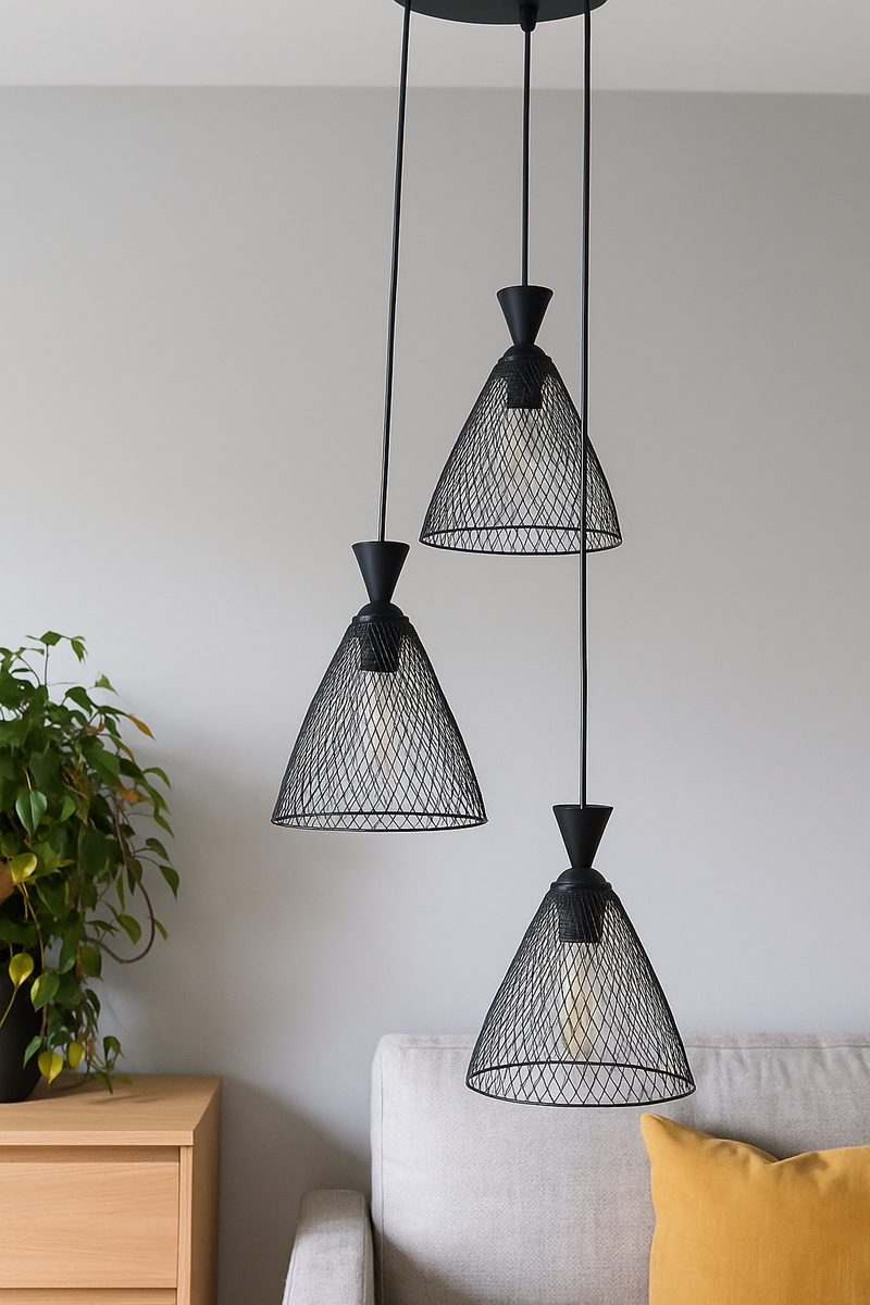 LÁMPARA DE TECHO COLGANTE DECORATIVA 3XE27-40W,110-240V, 50-60HZ, GRADO DE PROTECCION IP20, ACABADO NEGRO.