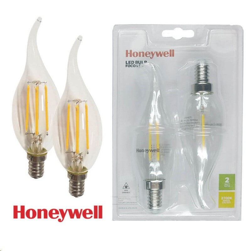 SET DE 2 FOCOS LED FILAMENTO E12 2W-EMITE 250LM, 2700K 100-130V/50-60HZ PF0.5 CRI80, NO DIMEABLE, MARCA HONEYWELL.