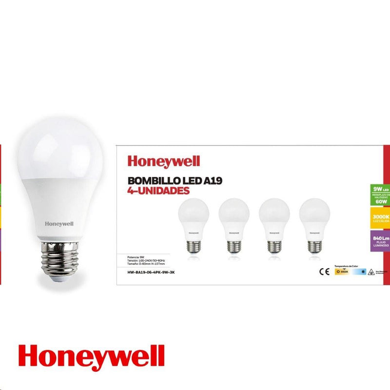 SET DE 4 FOCOS LED A19, E27 9W, 840LM, 3000K (LUZ CALIDA) 100-240V, 50-60HZ, CRI80, ACABADO BLANCO.