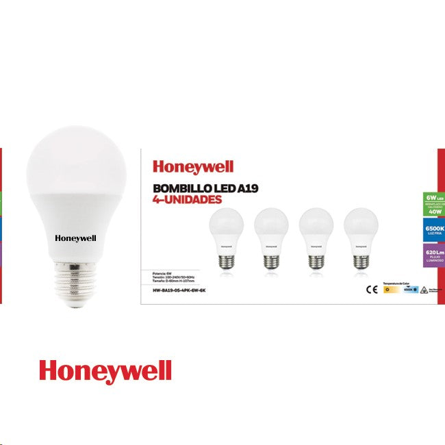 CAJA DE 4 FOCOS LED A19, E27, 6W, 620LM, 6500K (LUZ BLANCA) 100-240V, 50-60HZ, CRI80, MARCA HONEYWELL.