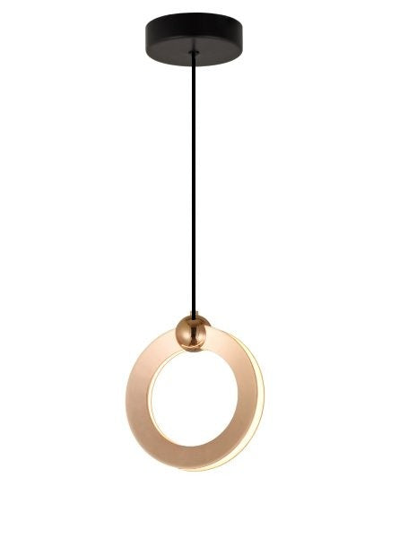 LÁMPARA COLGANTE DECORATIVA CON LUZ  LED 8W , ACABADO GOLDEN/ METAL PVC.