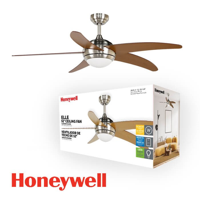 ABANICO DE TECHO ELLE 52¨DECORATIVO SATIN NICKEL LIGHT WOOD CON LUZ LED 20W CONTROL REMOTO