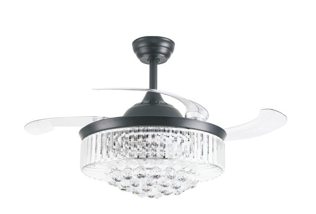 ABANICO  DE TECHO DECORATIVO 42¨ RECTRACTIL CON LUZ LED 27W, EMITE 2600LM, INTERRUPTOR CCT, ACABADO NEGRO +  CRISTAL.