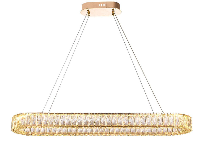 LÁMPARA DE TECHO COLGANTE LED CRISTAL 70WW,  EMITE 4500LM, TONALIDAD 3000K, 110-240V, ACABADO DORADO METAL - CRISTAL K9.