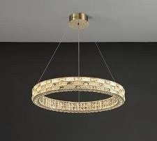 LÁMPARA COLGANTE DE CRISTAL K9 CON LUZ LED 30W CCT 30K,40K,60K EMITE 2400LM ACABADO GOLDEN / METAL.