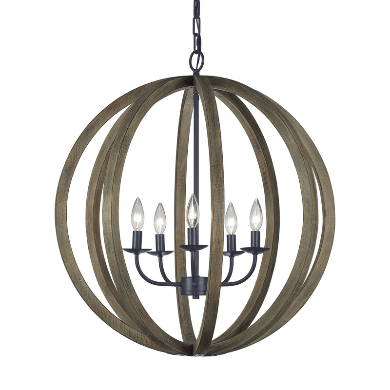 Five Light Pendant<br /><span style="color:#4AB0CE;">Entrega: 4-10 dias en USA</span><br /><span style="color:#4AB0CE;font-size:60%;">PREGUNTE POR ENTREGA EN PANAMA</span><br />Collection: Allier<br />Finish: Weathered Oak Wood / Antique Forged Iron