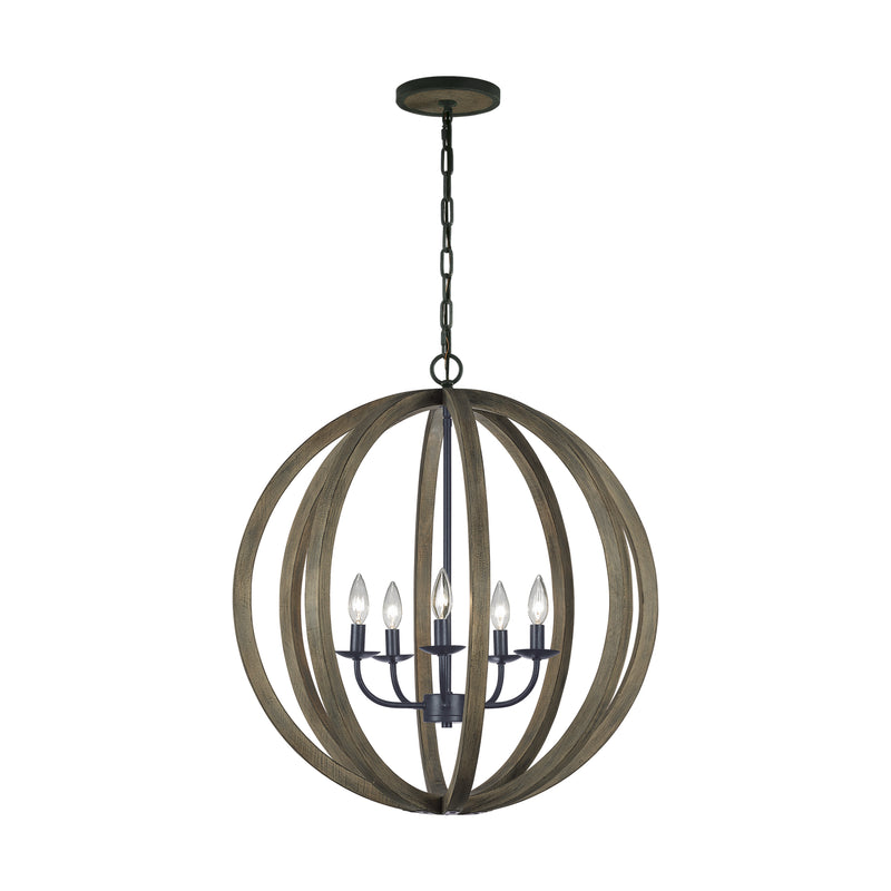 Five Light Pendant<br /><span style="color:#4AB0CE;">Entrega: 4-10 dias en USA</span><br /><span style="color:#4AB0CE;font-size:60%;">PREGUNTE POR ENTREGA EN PANAMA</span><br />Collection: Allier<br />Finish: Weathered Oak Wood / Antique Forged Iron