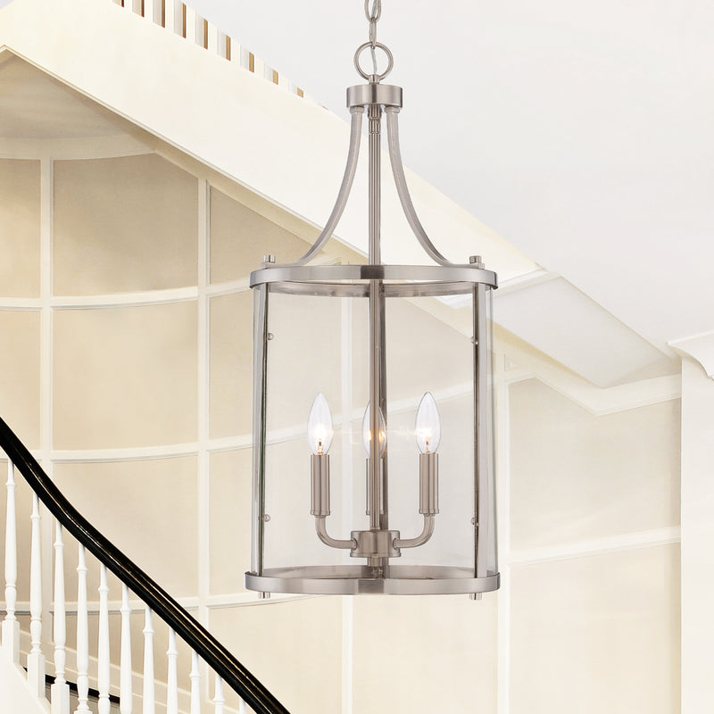 Three Light Foyer Pendant<br /><span style="color:#4AB0CE;">Entrega: 4-10 dias en USA</span><br /><span style="color:#4AB0CE;font-size:60%;">PREGUNTE POR ENTREGA EN PANAMA</span><br />Collection: Penrose<br />Finish: Satin Nickel