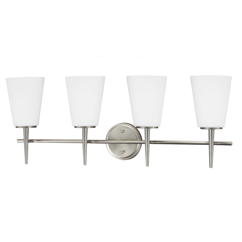 Four Light Wall / Bath<br /><span style="color:#4AB0CE;">Entrega: 4-10 dias en USA</span><br /><span style="color:#4AB0CE;font-size:60%;">PREGUNTE POR ENTREGA EN PANAMA</span><br />Collection: Driscoll<br />Finish: Brushed Nickel