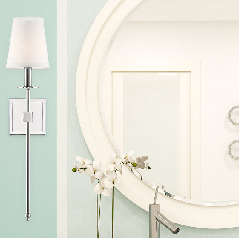 One Light Wall Sconce<br /><span style="color:#4AB0CE;">Entrega: 4-10 dias en USA</span><br /><span style="color:#4AB0CE;font-size:60%;">PREGUNTE POR ENTREGA EN PANAMA</span><br />Collection: Monroe<br />Finish: Polished Nickel