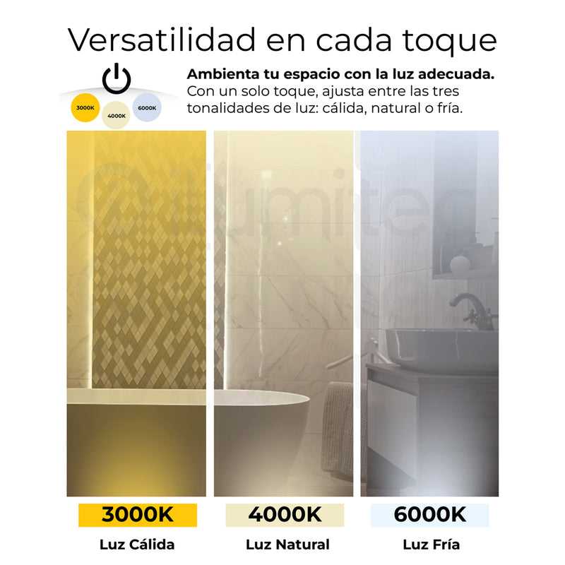 ESPEJO CON ILUMINACION LED DIMEABLE, 12W, AJUSTE TACTIL PARA ENCENDIDO/APAGADO Y CAMBIO DE LUZ CCT:30K,40K,60K, 100-240V, 50-60HZ, IP20, ACABADO CROMO.