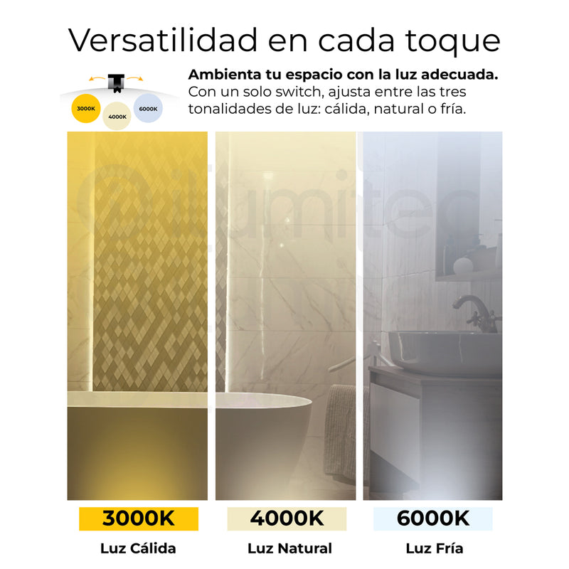LÁMPARA MODERNA DE PARED LED 12W, INTERRUPTOR CCT PARA ELEGIR TONALIDAD DE LUZ: 30K,40K,60K, 110-240V, 50-60HZ,  IP44, ACABADO DORADO.