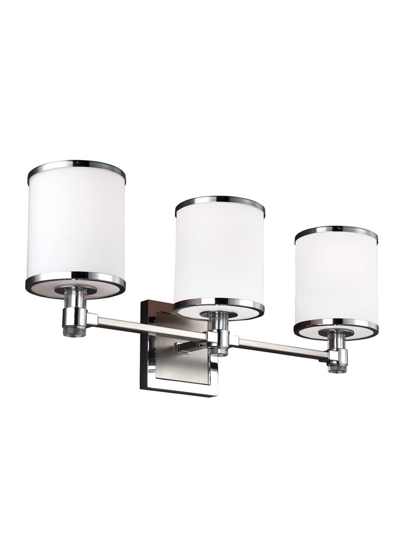 Three Light Vanity<br /><span style="color:#4AB0CE;">Entrega: 4-10 dias en USA</span><br /><span style="color:#4AB0CE;font-size:60%;">PREGUNTE POR ENTREGA EN PANAMA</span><br />Collection: Prospect Park<br />Finish: Satin Nickel / Chrome