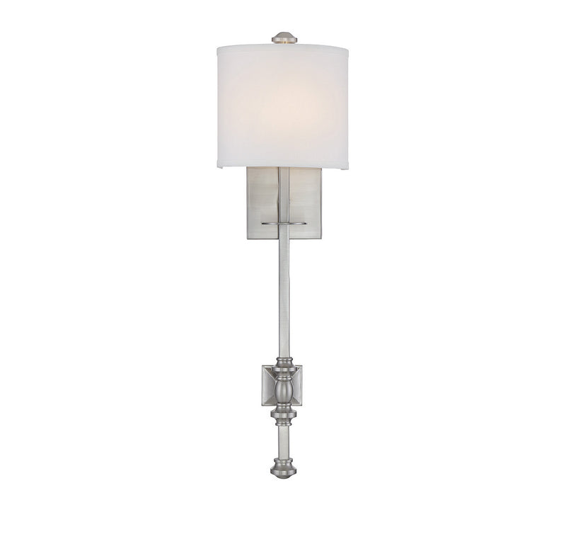 One Light Wall Sconce<br /><span style="color:#4AB0CE;">Entrega: 4-10 dias en USA</span><br /><span style="color:#4AB0CE;font-size:60%;">PREGUNTE POR ENTREGA EN PANAMA</span><br />Collection: Devon<br />Finish: Satin Nickel