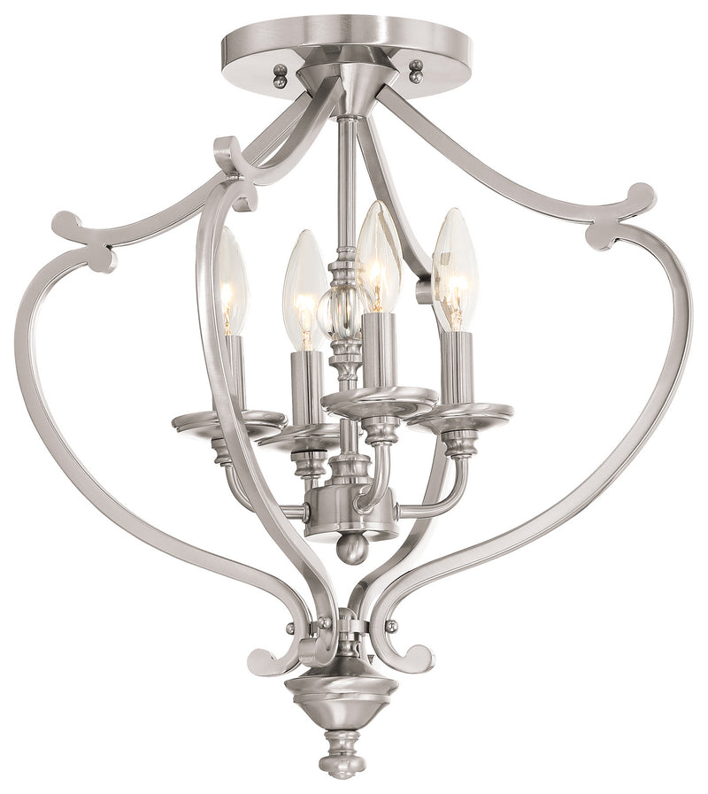 Four Light Semi Flush Mount(Convertible)<br /><span style="color:#4AB0CE;">Entrega: 4-10 dias en USA</span><br /><span style="color:#4AB0CE;font-size:60%;">PREGUNTE POR ENTREGA EN PANAMA</span><br />Collection: Savannah Row<br />Finish: Brushed Nickel