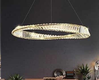 LÁMPARA COLGANTE DE CRISTAL K9 CON LUZ LED 20W AJUSTE DE TONALIDAD CCT 30K,40K,60K, ACABADO GOLDEN/ METAL.