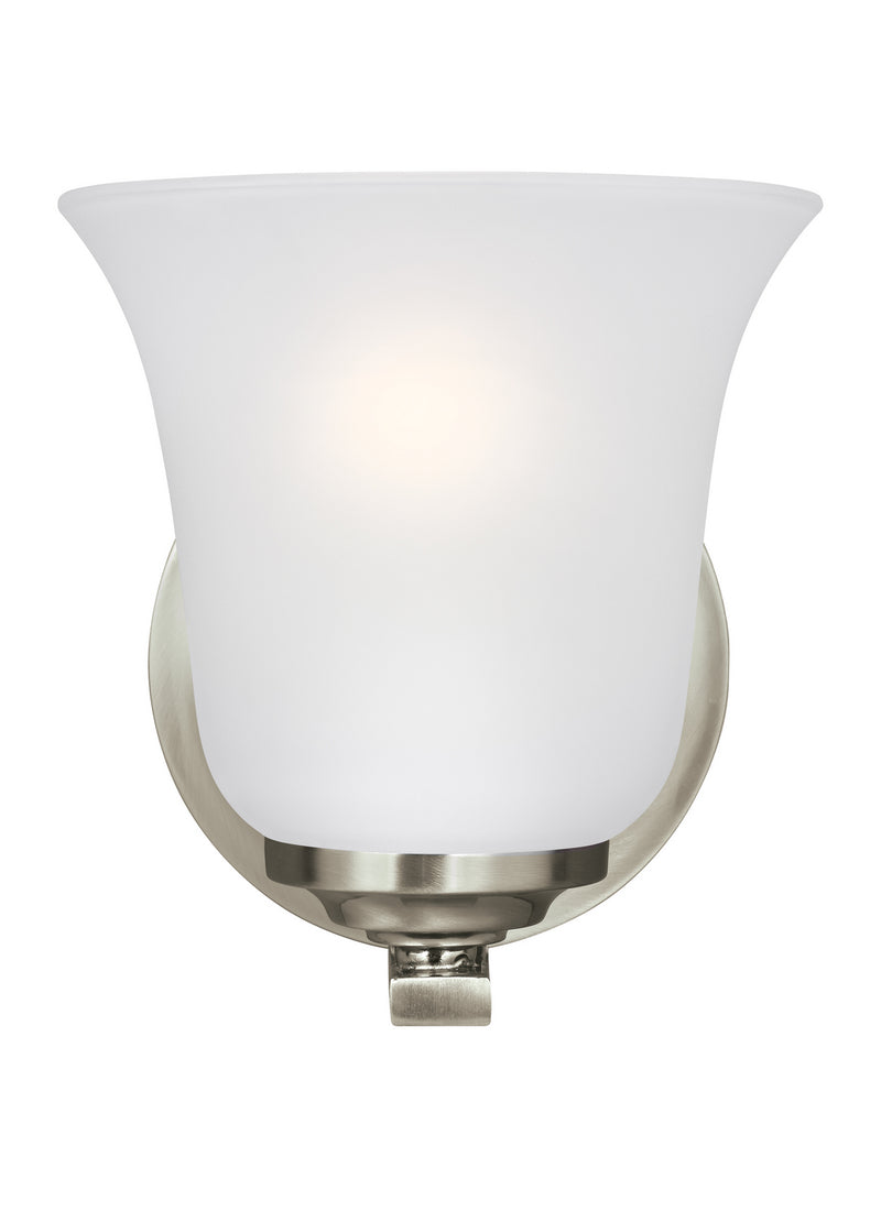 One Light Wall / Bath Sconce<br /><span style="color:#4AB0CE;">Entrega: 4-10 dias en USA</span><br /><span style="color:#4AB0CE;font-size:60%;">PREGUNTE POR ENTREGA EN PANAMA</span><br />Collection: Emmons<br />Finish: Brushed Nickel