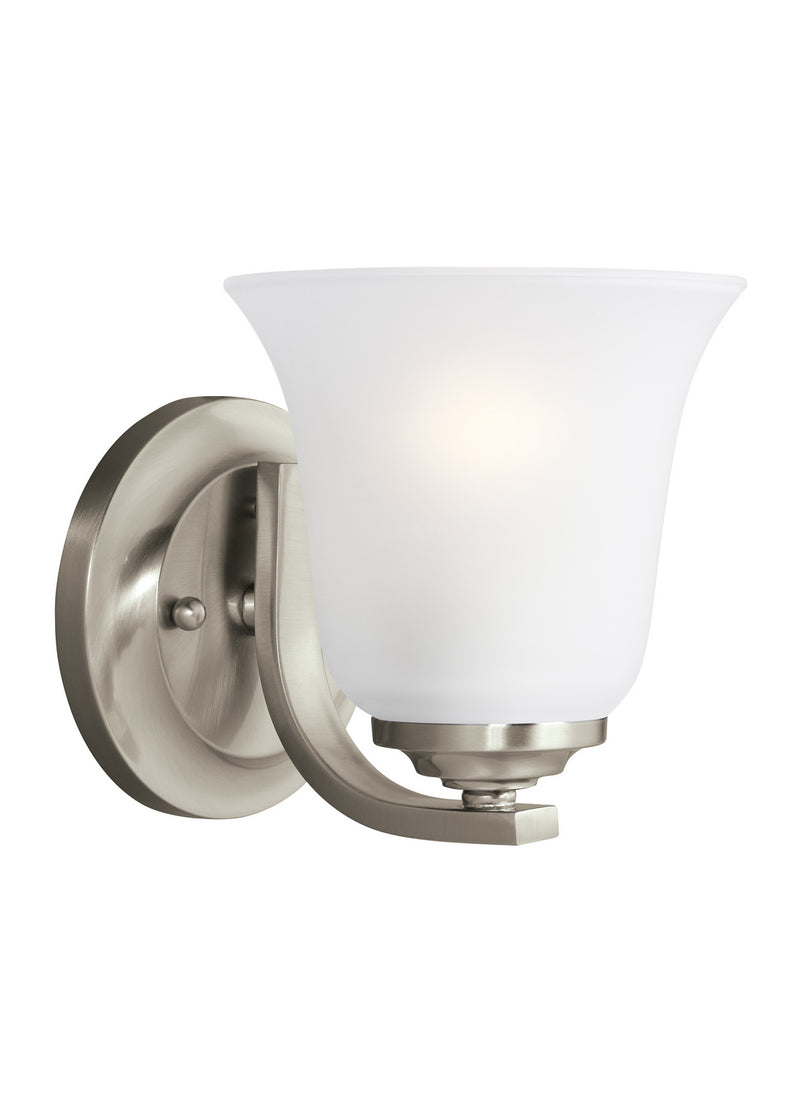 One Light Wall / Bath Sconce<br /><span style="color:#4AB0CE;">Entrega: 4-10 dias en USA</span><br /><span style="color:#4AB0CE;font-size:60%;">PREGUNTE POR ENTREGA EN PANAMA</span><br />Collection: Emmons<br />Finish: Brushed Nickel