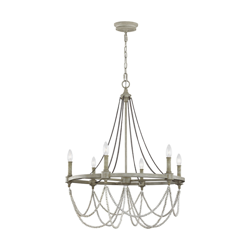 Six Light Chandelier<br /><span style="color:#4AB0CE;">Entrega: 4-10 dias en USA</span><br /><span style="color:#4AB0CE;font-size:60%;">PREGUNTE POR ENTREGA EN PANAMA</span><br />Collection: Beverly<br />Finish: French Washed Oak / Distressed White Wood