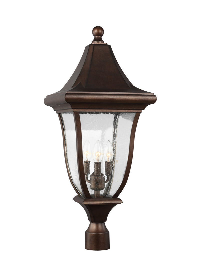 Three Light Outdoor Post Lantern<br /><span style="color:#4AB0CE;">Entrega: 4-10 dias en USA</span><br /><span style="color:#4AB0CE;font-size:60%;">PREGUNTE POR ENTREGA EN PANAMA</span><br />Collection: Oakmont<br />Finish: Patina Bronze