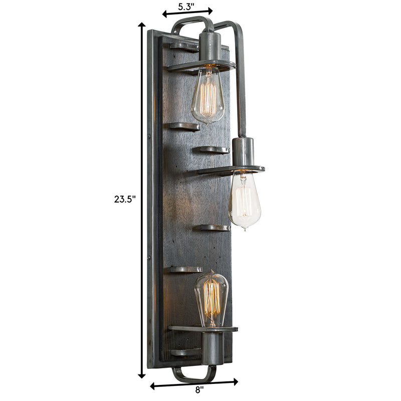 Three Light Wall Sconce<br /><span style="color:#4AB0CE;">Entrega: 4-10 dias en USA</span><br /><span style="color:#4AB0CE;font-size:60%;">PREGUNTE POR ENTREGA EN PANAMA</span><br />Collection: Lofty<br />Finish: Steel