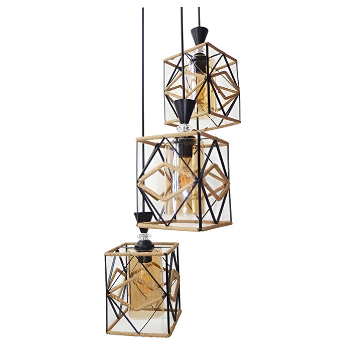 LÁMPARA DE TECHO COLGANTE DECORATIVA 3XE27-40W,110-240V, 50-60HZ, GRADO DE PROTECCION IP20, ACABADO NEGRO + CUERDA.