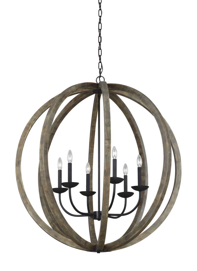 Six Light Pendant<br /><span style="color:#4AB0CE;">Entrega: 4-10 dias en USA</span><br /><span style="color:#4AB0CE;font-size:60%;">PREGUNTE POR ENTREGA EN PANAMA</span><br />Collection: Allier<br />Finish: Weathered Oak Wood / Antique Forged Iron