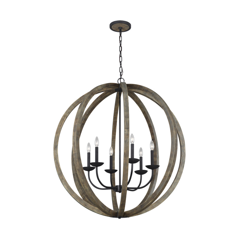Six Light Pendant<br /><span style="color:#4AB0CE;">Entrega: 4-10 dias en USA</span><br /><span style="color:#4AB0CE;font-size:60%;">PREGUNTE POR ENTREGA EN PANAMA</span><br />Collection: Allier<br />Finish: Weathered Oak Wood / Antique Forged Iron