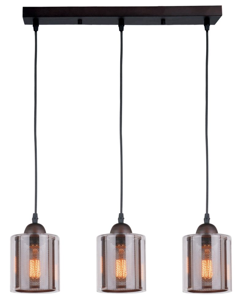 LÁMPARA DE TECHO COLGANTE DECORATIVA 3XE27-40W (NO INCLUIDOS) 110-240V, 50-60HZ, GRADO DE PROTECCION IP20, ACABADO NEGRO + CAFÉ +  MATERIAL METAL + VIDRIO.