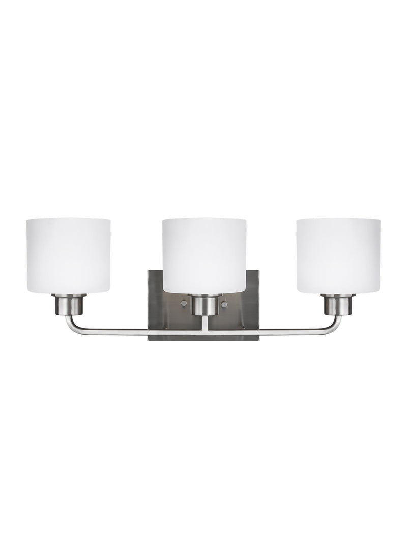 Three Light Wall / Bath<br /><span style="color:#4AB0CE;">Entrega: 4-10 dias en USA</span><br /><span style="color:#4AB0CE;font-size:60%;">PREGUNTE POR ENTREGA EN PANAMA</span><br />Collection: Canfield<br />Finish: Brushed Nickel