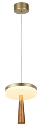 LÁMPARA DE TECHO COLGANTE DECORATIVA LED 12W, TONALIDAD DE 3000K, 100-240V, 50-60HZ, GRADO DE PROTECCION IP20, ACABADO DORADO + ACRILICO + MADERA.