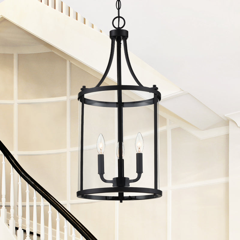 Three Light Foyer Pendant<br /><span style="color:#4AB0CE;">Entrega: 4-5 semanas en USA</span><br /><span style="color:#4AB0CE;font-size:60%;">PREGUNTE POR ENTREGA EN PANAMA</span><br />Collection: Penrose<br />Finish: Black