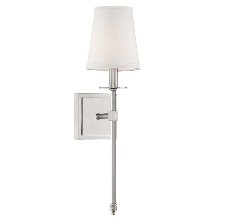 One Light Wall Sconce<br /><span style="color:#4AB0CE;">Entrega: 4-10 dias en USA</span><br /><span style="color:#4AB0CE;font-size:60%;">PREGUNTE POR ENTREGA EN PANAMA</span><br />Collection: Monroe<br />Finish: Satin Nickel