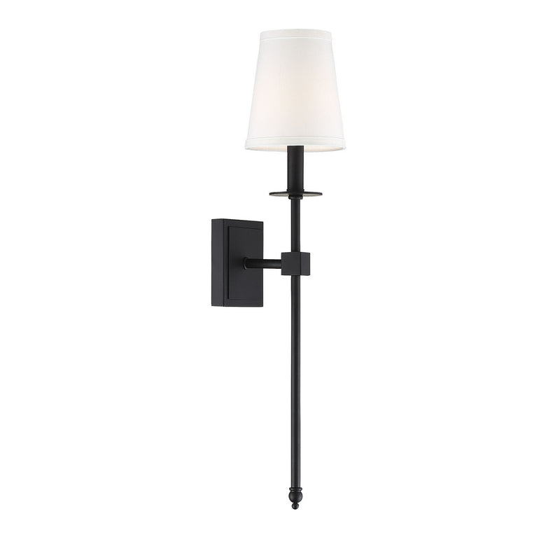 One Light Wall Sconce<br /><span style="color:#4AB0CE;">Entrega: 4-10 dias en USA</span><br /><span style="color:#4AB0CE;font-size:60%;">PREGUNTE POR ENTREGA EN PANAMA</span><br />Collection: Monroe<br />Finish: Matte Black