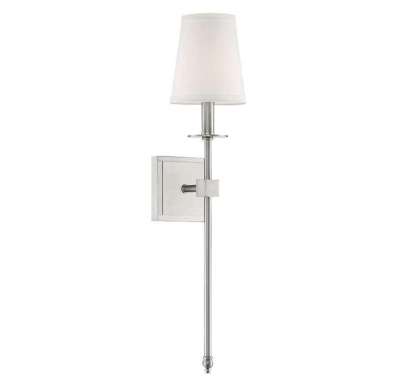 One Light Wall Sconce<br /><span style="color:#4AB0CE;">Entrega: 4-10 dias en USA</span><br /><span style="color:#4AB0CE;font-size:60%;">PREGUNTE POR ENTREGA EN PANAMA</span><br />Collection: Monroe<br />Finish: Satin Nickel