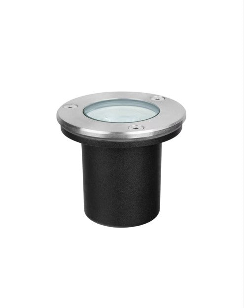 LÁMPARA DE EXTERIORES EMPOTRABLE EN PISO CON CUERPO DE ALUMINIO Y COVERTOR EN ACERO INOXIDABLE PARA FOCO GU10-LED IP65, 110-130V 50-60HZ.