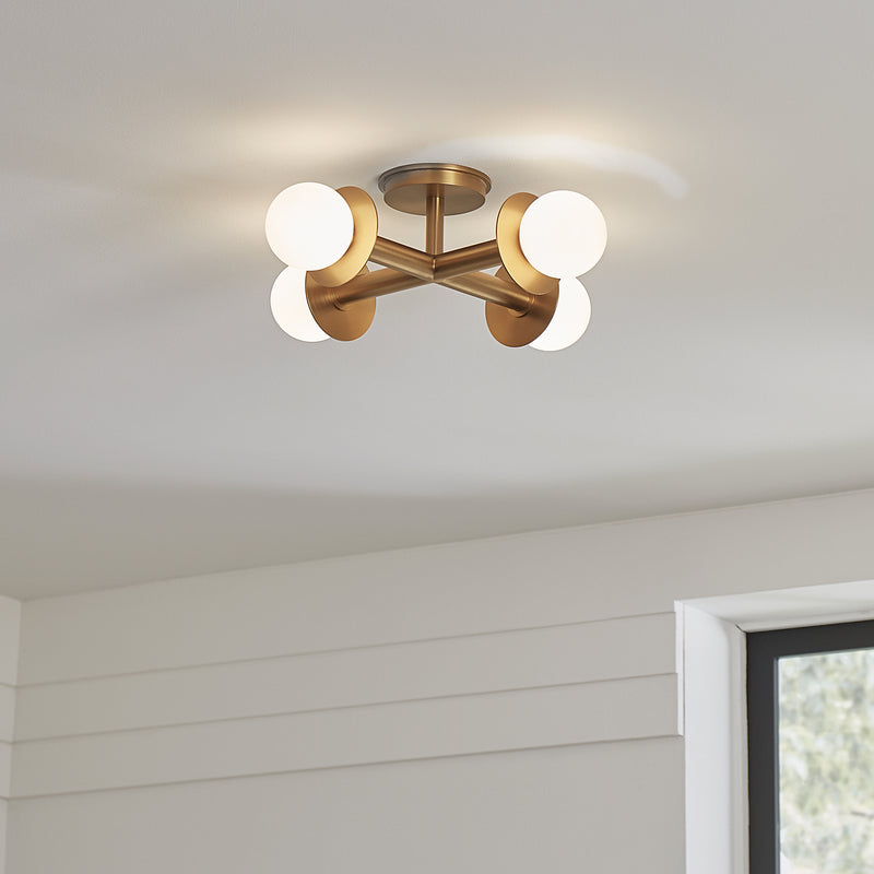 Four Light Flush Mount<br /><span style="color:#4AB0CE;">Entrega: 4-10 dias en USA</span><br /><span style="color:#4AB0CE;font-size:60%;">PREGUNTE POR ENTREGA EN PANAMA</span><br />Collection: Nodes<br />Finish: Burnished Brass