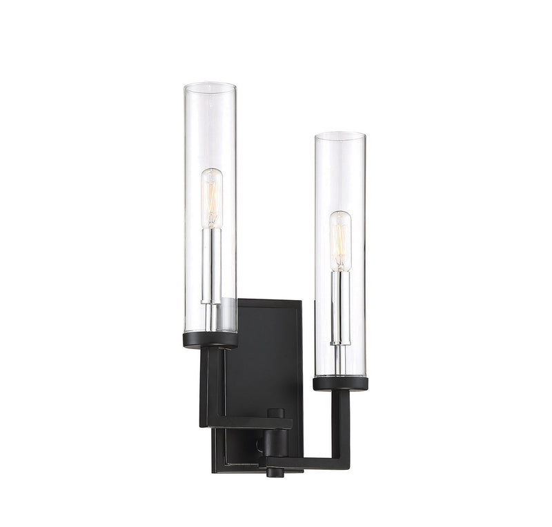 Two Light Wall Sconce<br /><span style="color:#4AB0CE;">Entrega: 4-10 dias en USA</span><br /><span style="color:#4AB0CE;font-size:60%;">PREGUNTE POR ENTREGA EN PANAMA</span><br />Collection: Folsom<br />Finish: Matte Black with Polished Chrome Accents