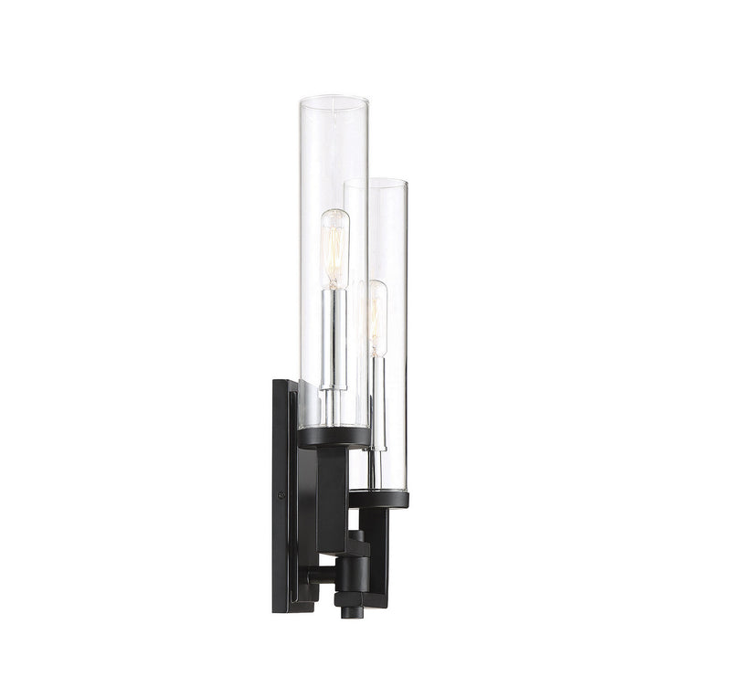 Two Light Wall Sconce<br /><span style="color:#4AB0CE;">Entrega: 4-10 dias en USA</span><br /><span style="color:#4AB0CE;font-size:60%;">PREGUNTE POR ENTREGA EN PANAMA</span><br />Collection: Folsom<br />Finish: Matte Black with Polished Chrome Accents