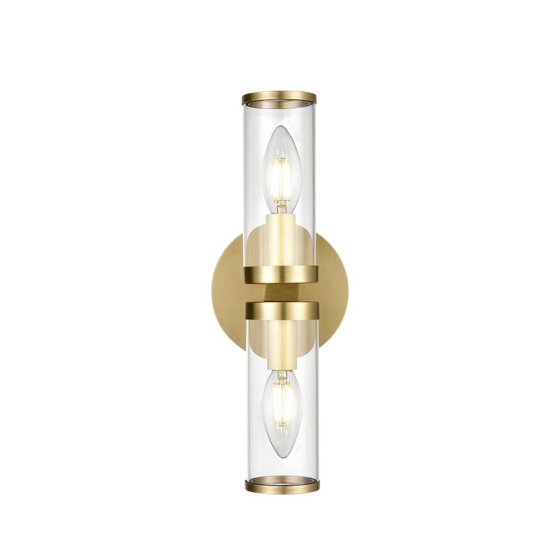 Two Light Wall Sconce<br /><span style="color:#4AB0CE;">Entrega: 4-10 dias en USA</span><br /><span style="color:#4AB0CE;font-size:60%;">PREGUNTE POR ENTREGA EN PANAMA</span><br />Collection: Revolve<br />Finish: Clear Glass/Natural Brass