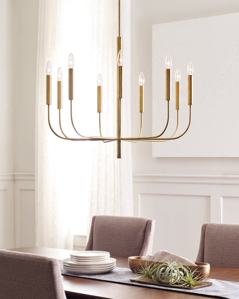 Nine Light Chandelier<br /><span style="color:#4AB0CE;">Entrega: 4-10 dias en USA</span><br /><span style="color:#4AB0CE;font-size:60%;">PREGUNTE POR ENTREGA EN PANAMA</span><br />Collection: Brianna<br />Finish: Burnished Brass