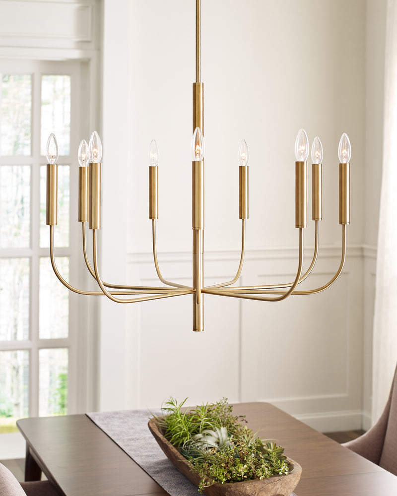 Nine Light Chandelier<br /><span style="color:#4AB0CE;">Entrega: 4-10 dias en USA</span><br /><span style="color:#4AB0CE;font-size:60%;">PREGUNTE POR ENTREGA EN PANAMA</span><br />Collection: Brianna<br />Finish: Burnished Brass