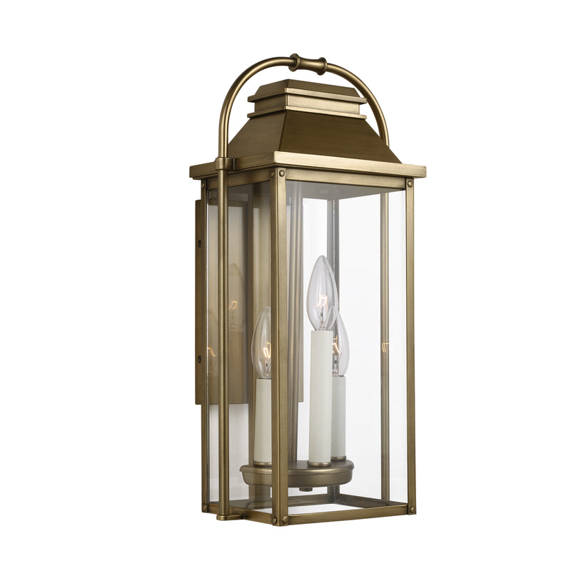 Three Light Lantern<br /><span style="color:#4AB0CE;">Entrega: 4-10 dias en USA</span><br /><span style="color:#4AB0CE;font-size:60%;">PREGUNTE POR ENTREGA EN PANAMA</span><br />Collection: Wellsworth<br />Finish: Painted Distressed Brass