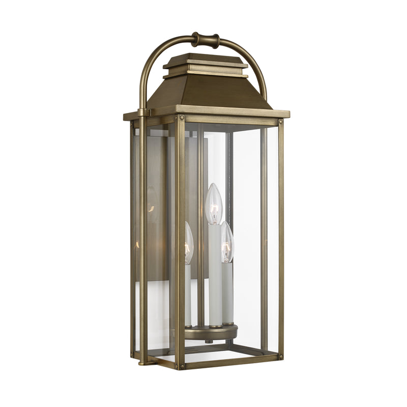 Three Light Lantern<br /><span style="color:#4AB0CE;">Entrega: 10-11 semanas en USA</span><br /><span style="color:#4AB0CE;font-size:60%;">PREGUNTE POR ENTREGA EN PANAMA</span><br />Collection: Wellsworth<br />Finish: Painted Distressed Brass
