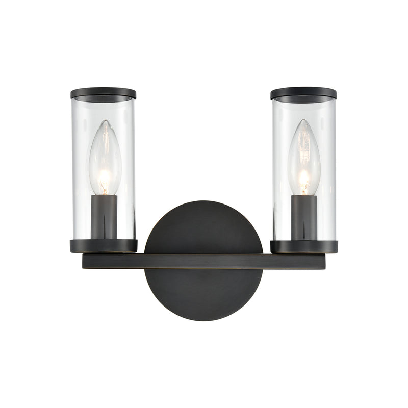 Two Light Bathroom Fixture<br /><span style="color:#4AB0CE;">Entrega: 4-10 dias en USA</span><br /><span style="color:#4AB0CE;font-size:60%;">PREGUNTE POR ENTREGA EN PANAMA</span><br />Collection: Revolve<br />Finish: Clear Glass/Urban Bronze