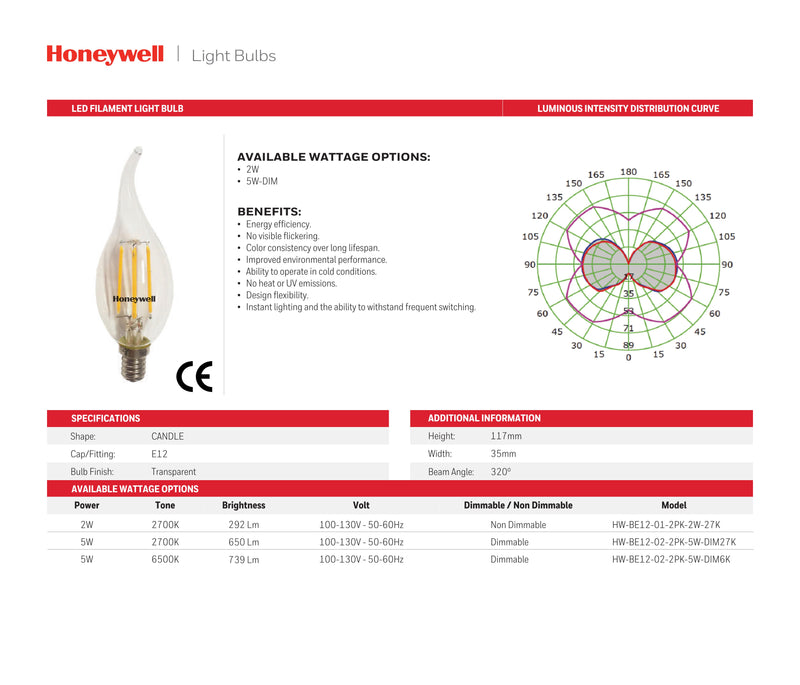 SET DE 2 FOCOS LED FILAMENTO E12 2W-EMITE 250LM, 2700K 100-130V/50-60HZ PF0.5 CRI80, NO DIMEABLE, MARCA HONEYWELL.