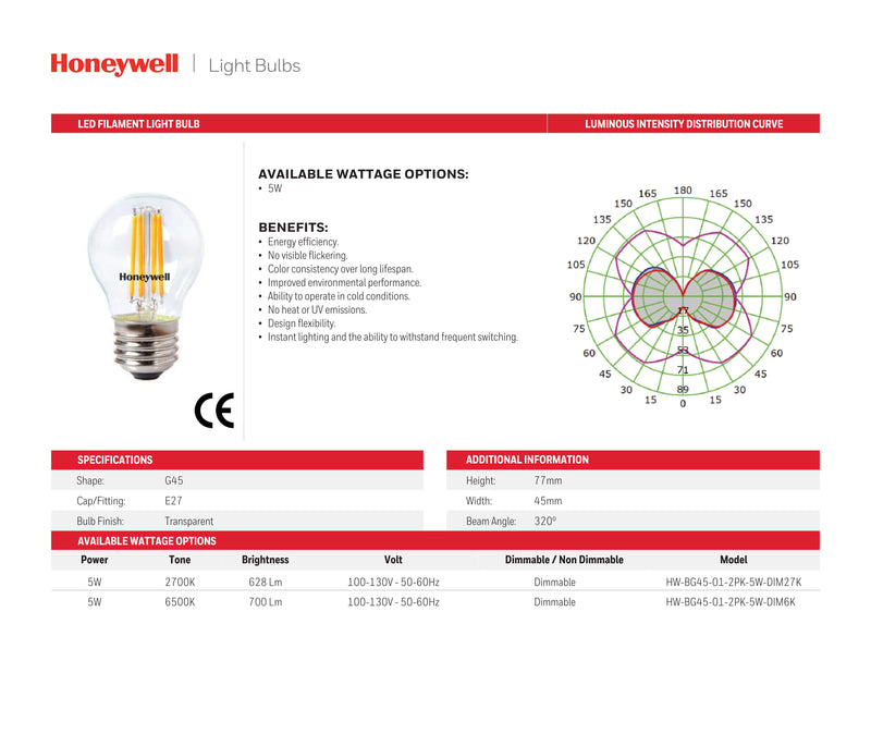 SET DE 2 FOCOS  LED FILAMENTO DIMEABLE G45,E27-5W EMITE 628LM, 2700K, 100-130V/50-60HZ PF>0.5 CRI>80, MARCA HONEYWELL.