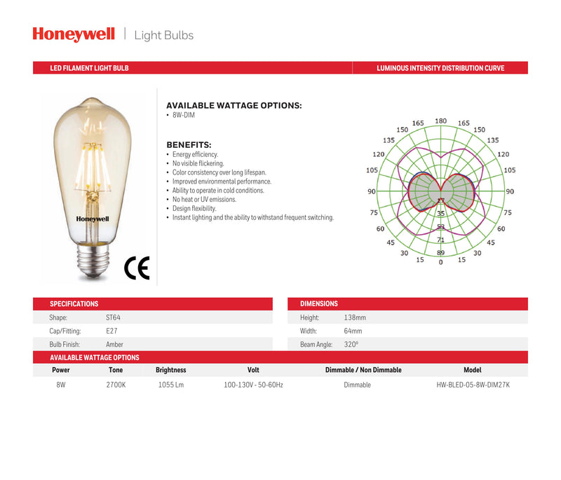 FOCO LED FILAMENTO DIMEABLE ST64, 8W, 2700K, 1055LM, 100-130V/50-60HZ, PF>0.5 CRI>80, ACABADO VIDRIO COLOR AMBAR,  MARCA HONEYWELL.