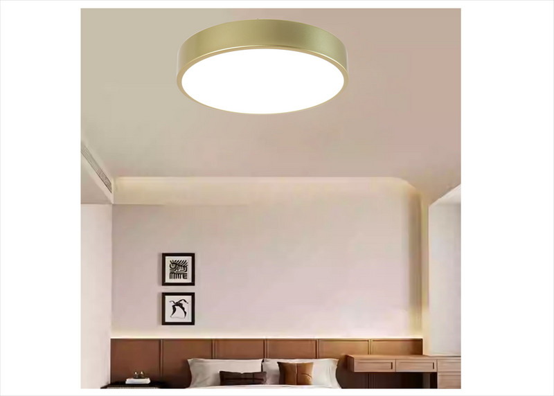LÁMPARA DE TECHO TIPO PLAFON EMPAQUE DUO, LED 12W, INTERRUPTOR PARA ELEGIR TONALIDAD DE LUZ CCT: 30K,40K,60K, 110-240V, ACABADO DORADO.